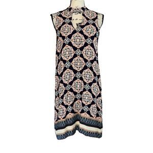 Sequin Hearts Navy‎ Blue Coral Medallion Keyhole Mock Neck Shift Dress XL